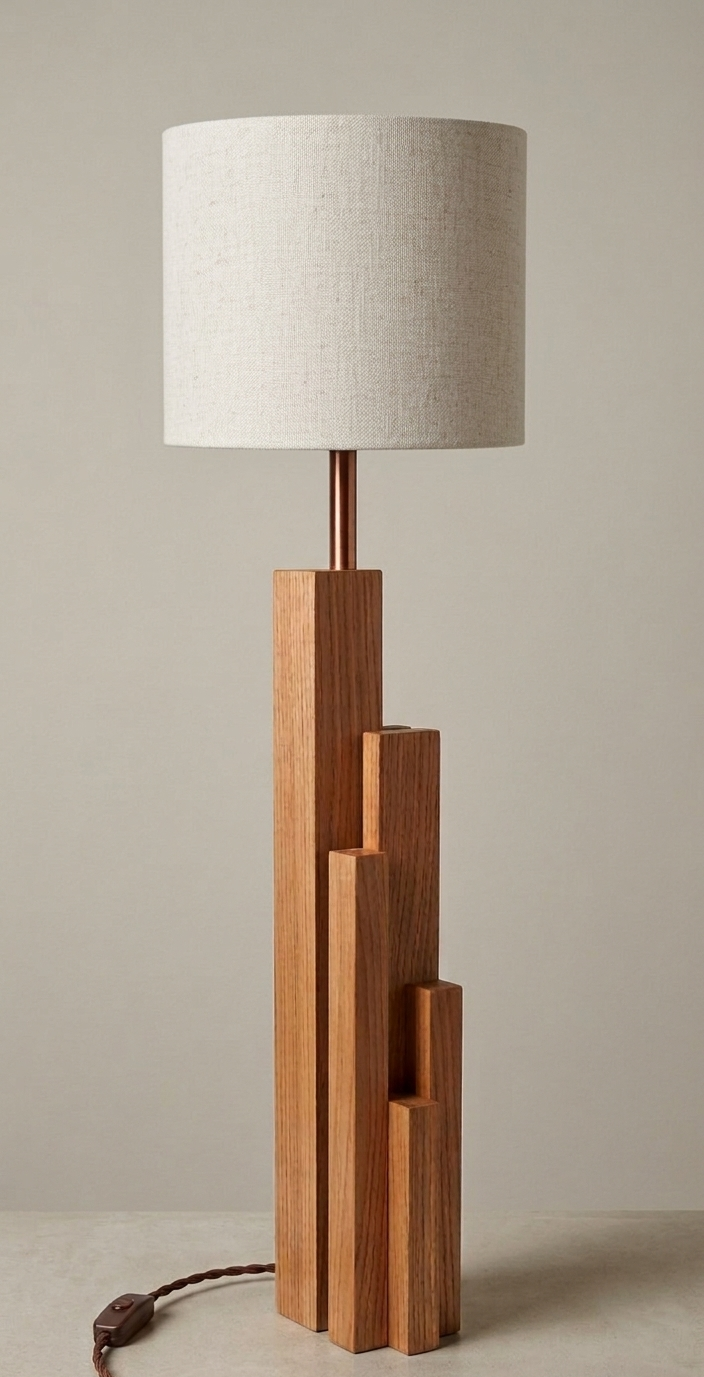Lampada da Tavolo Artigianale in Legno "Skyscraper" – Design Geometrico e Luce d'Atmosfera