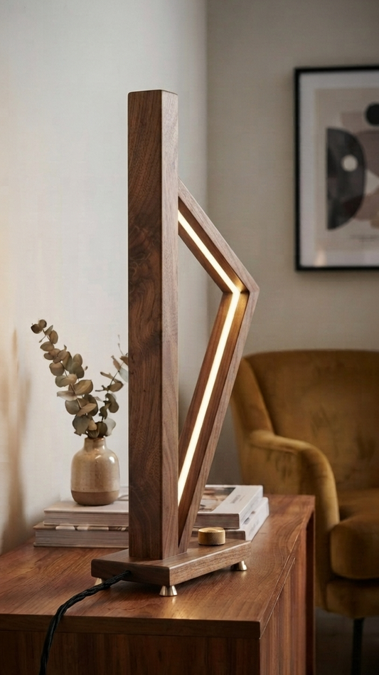 "Vertice" — Lampada da tavolo scultorea in legno e LED integrato